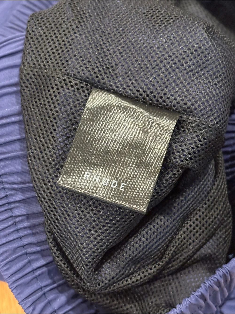Rhude Navy Swim Shorts with White Logo and Yellow Drawstring S